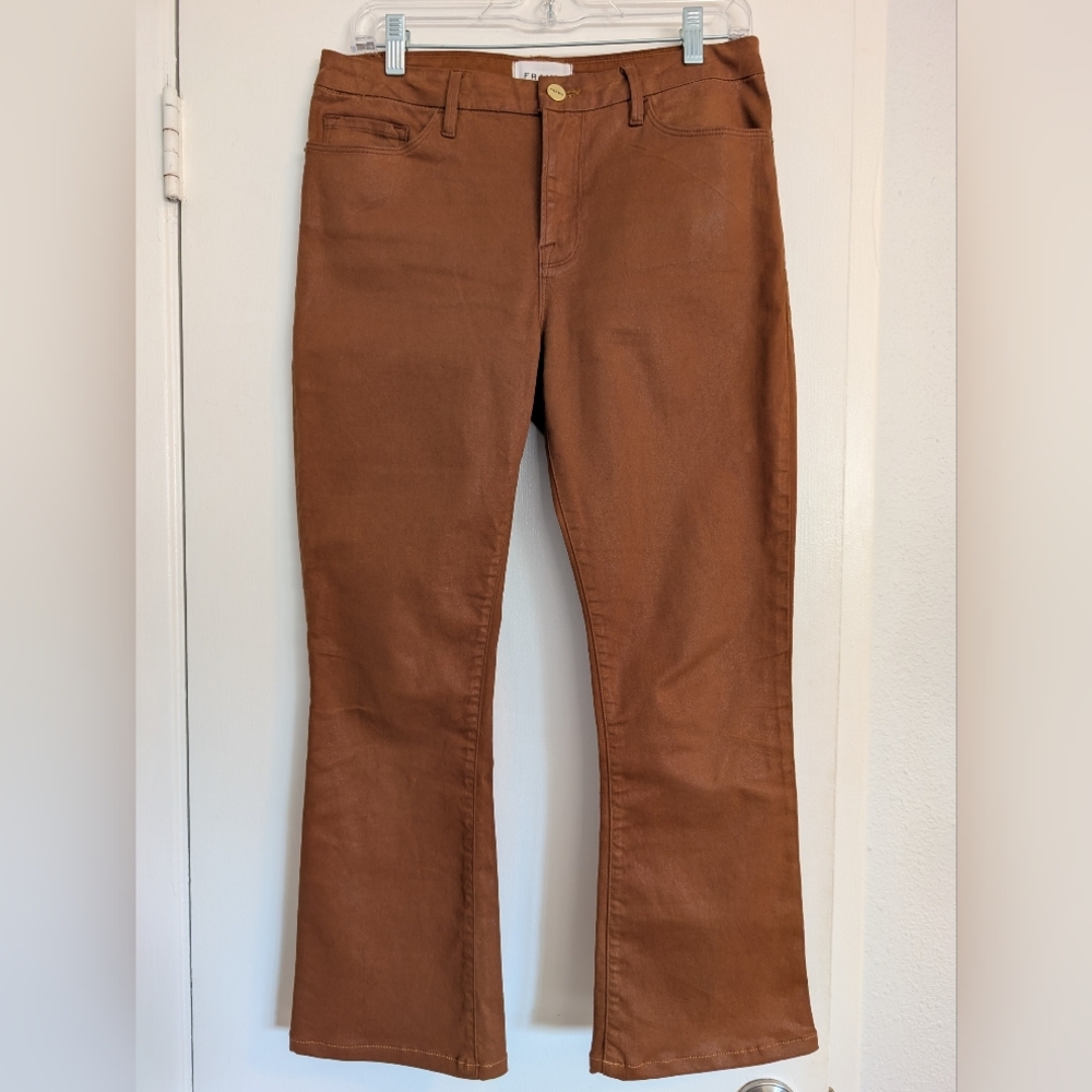 Frame Denim Le Crop Flare Faux Leather Waxing Brown Jeans sz 29